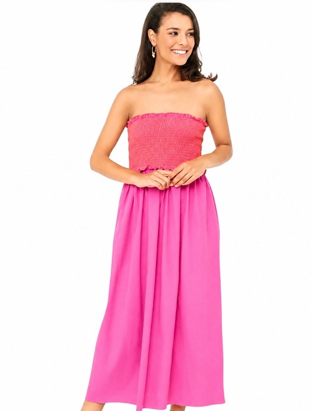 POMANDER PLACE x TUCKERNUCK Jessie Strapless Smocked Maxi Dress Pink Orange